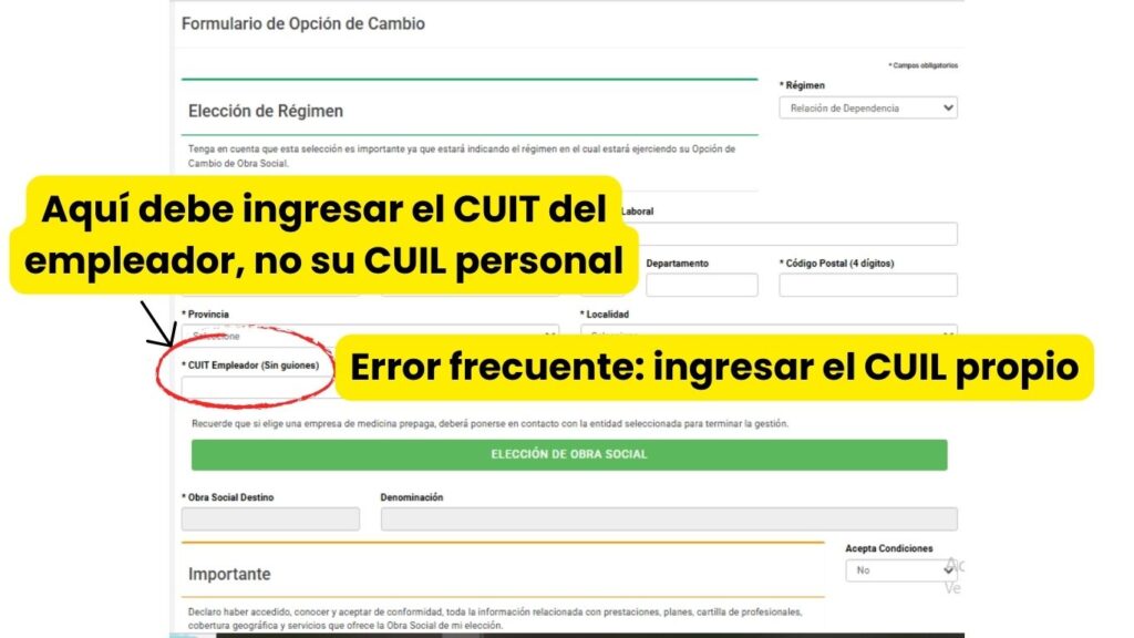 Campo CUIT empleador en formulario de opción de cambio de obra social